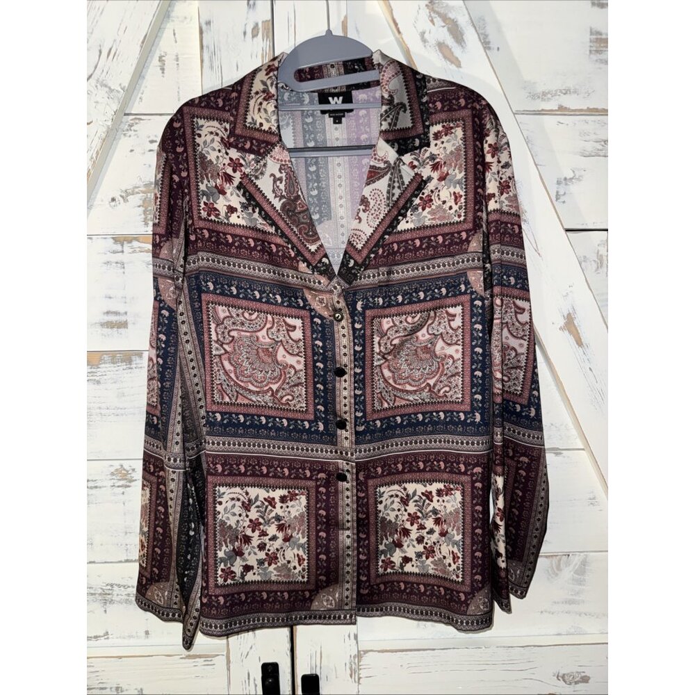 W by WORTH Burgundy Multi Paisley Floral Print Button Front Blouse Top Shirt S